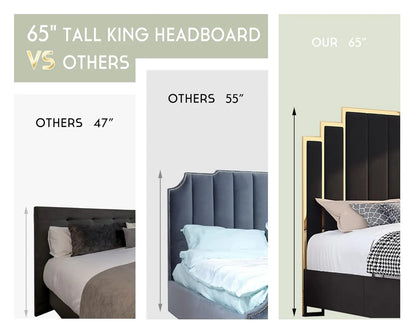 Upholstered Gold Trimmed Headboard and Platform Frame for a King size Bed