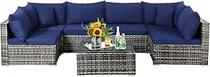 All-Weather Outdoor 7 Piece Rattan Sectional Sofa Set with Cushions and Tempered Glass Coffee Table