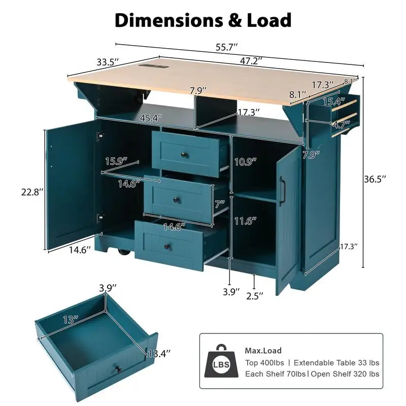 Large Rolling Kitchen Island with 2 Drop Leaves and Power Outlet