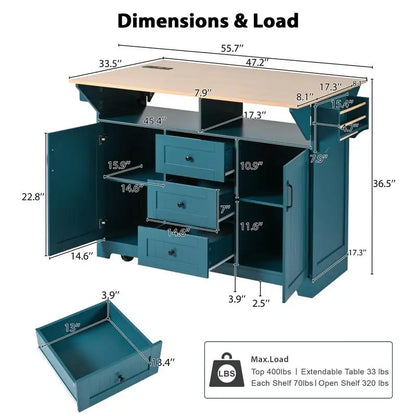Large Rolling Kitchen Island with 2 Drop Leaves and Power Outlet