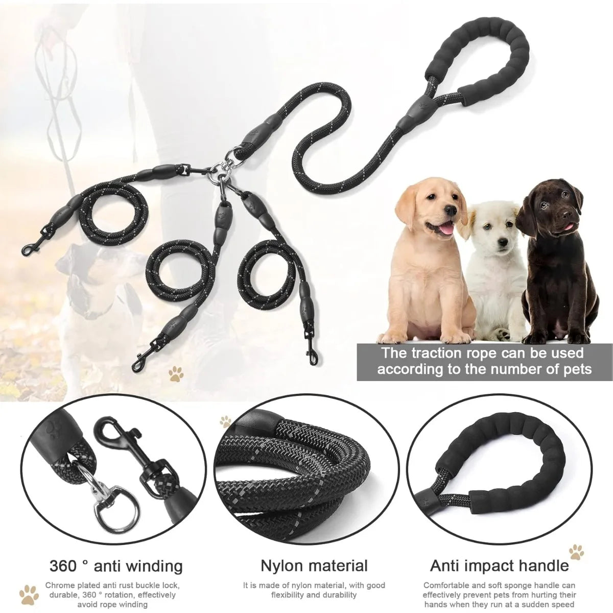 Detachable 3-in-1 Triple Dog Leash with Padded Handle