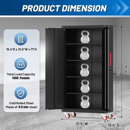 71 inch Tall Metal Storage Cabinet with Wheels and 4 Adjustable Shelves