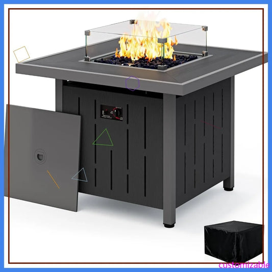 33" BTU 50,000 Outdoor Propane Fire Pit Table with Lid and Glass Wind Guard
