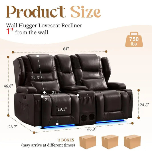 Wall Hugger Power Reclining PU Leather Loveseat Sofa with Cup Holders, LED Light, and USB Ports
