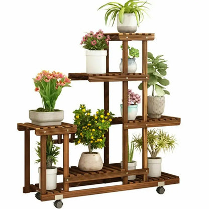 Multi-Layer Rolling Wood Plant Stand Rack