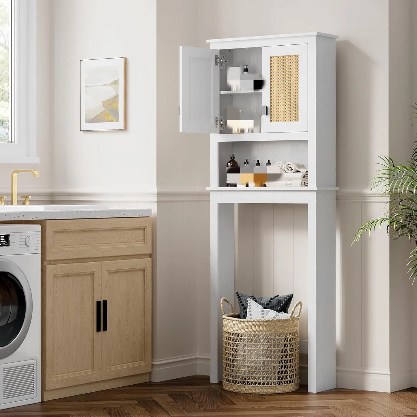 Over The Toilet Wood Storage Cabinet with Rattan Doors