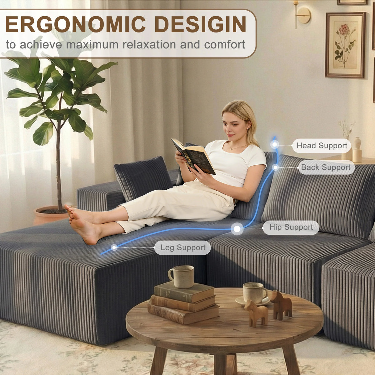 105 Inch L-Shaped Lumbar Support Sofa with Deep Seat