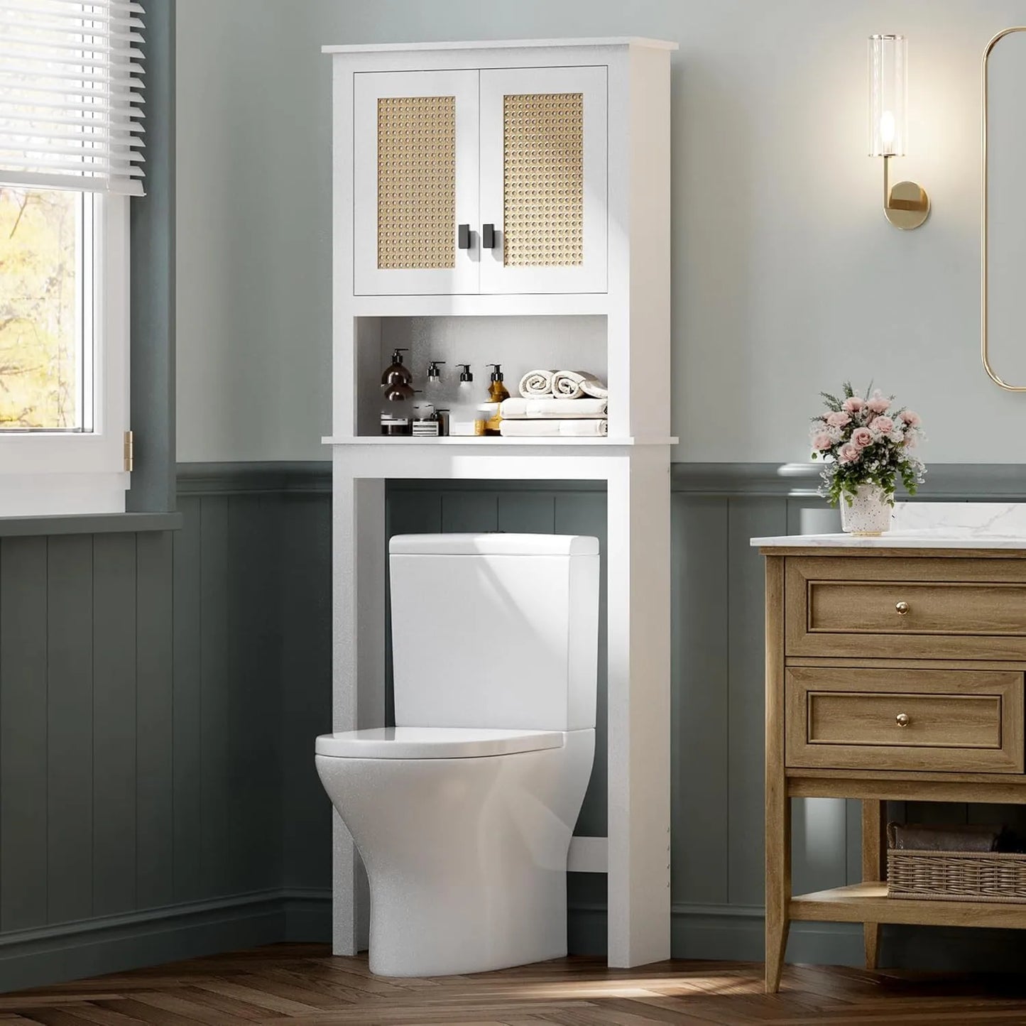 Over The Toilet Wood Storage Cabinet with Rattan Doors