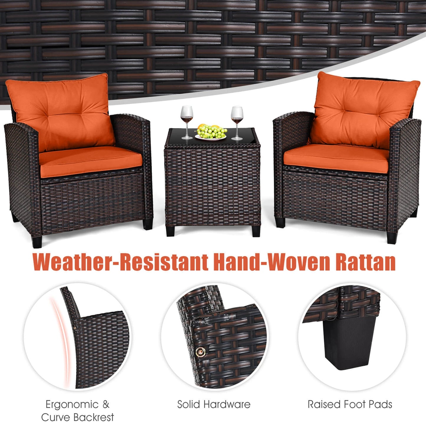 3 Piece Cushioned Rattan Furniture Set with small glass table