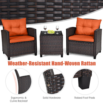 3 Piece Cushioned Rattan Furniture Set with small glass table