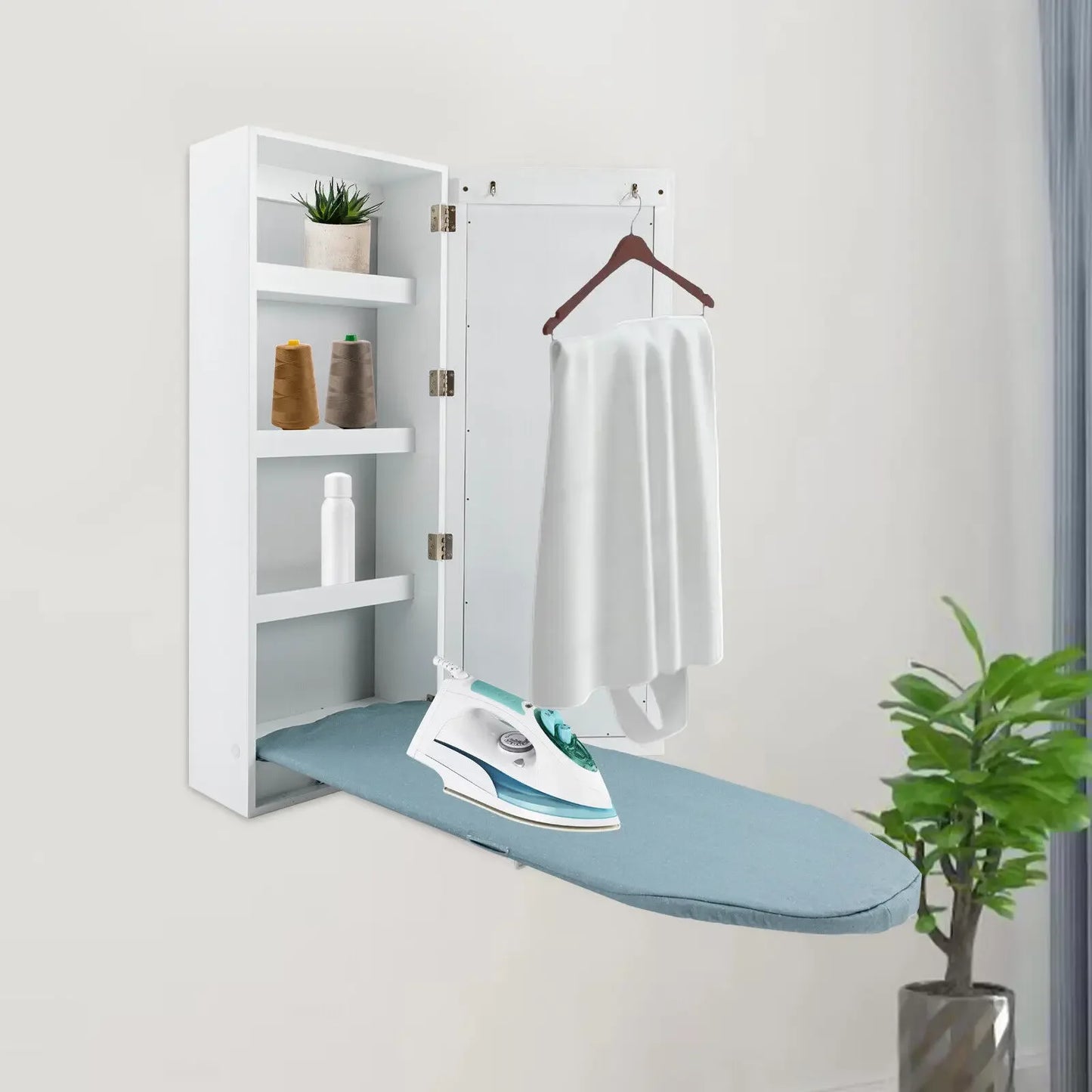 Hide Away Wall Mounted Ironing Board With 3 Tier Shelf & Mirror