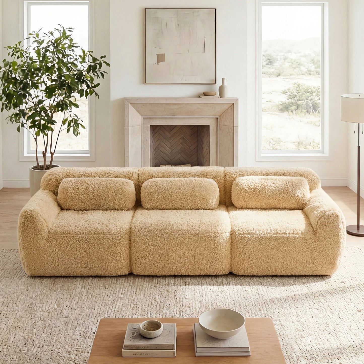 115'' Fluffy Modular Sectional Sofa with Pillows