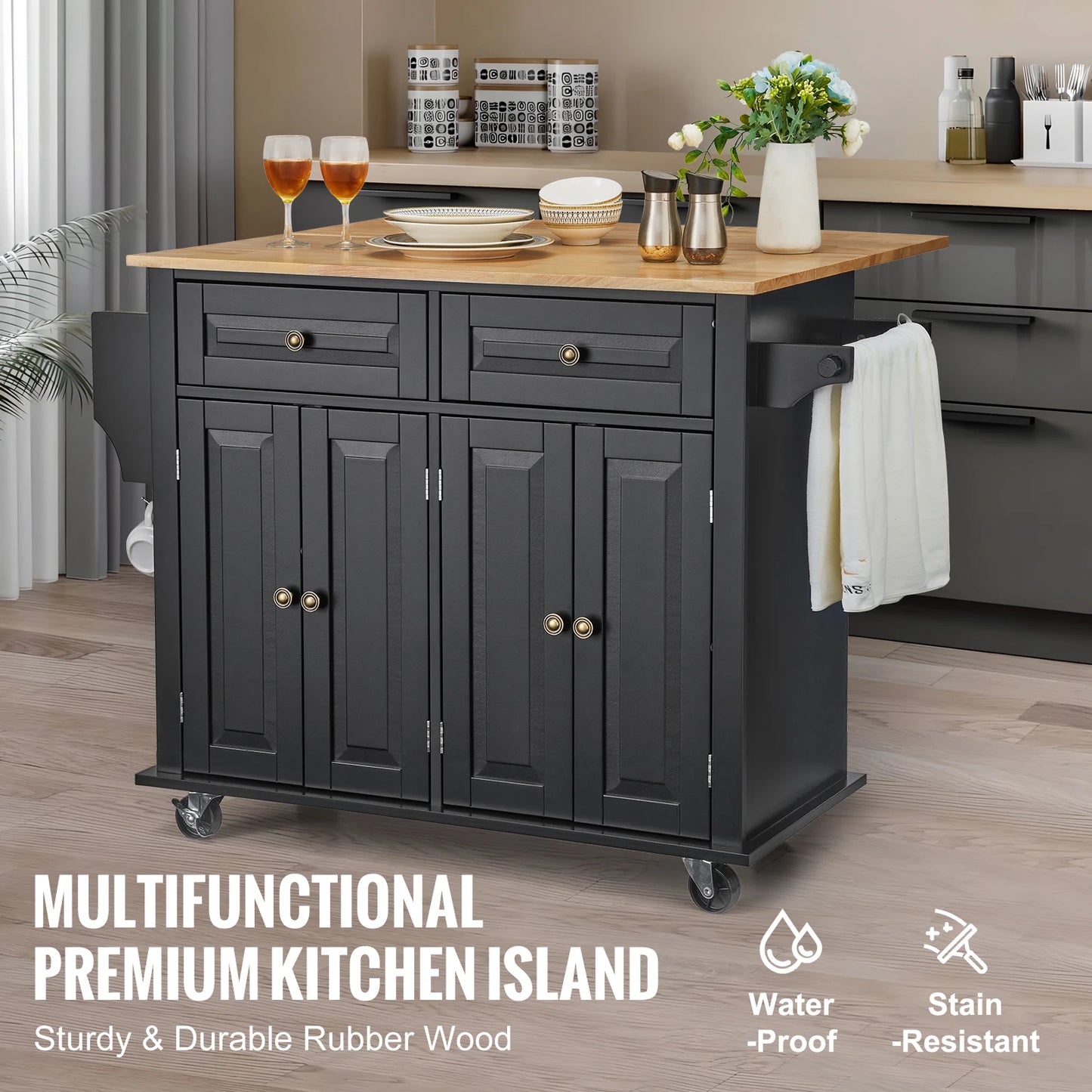 Black Rolling Kitchen Island Cart with Drop Leaf