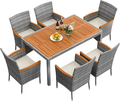 9 Piece Acacia Wood and Wicker Dining Patio Set with Chairs