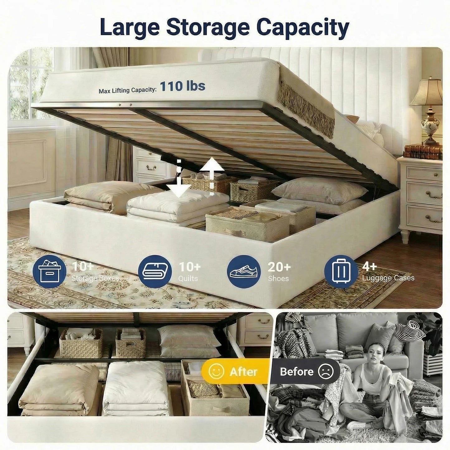 Upholstered Velvet Platform Full, Queen, or King Bed Frame with Hydraulic Driven Lift Up Storage