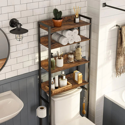 Space-saving 4-Tier Storage Rack with Hooks in rustic brown