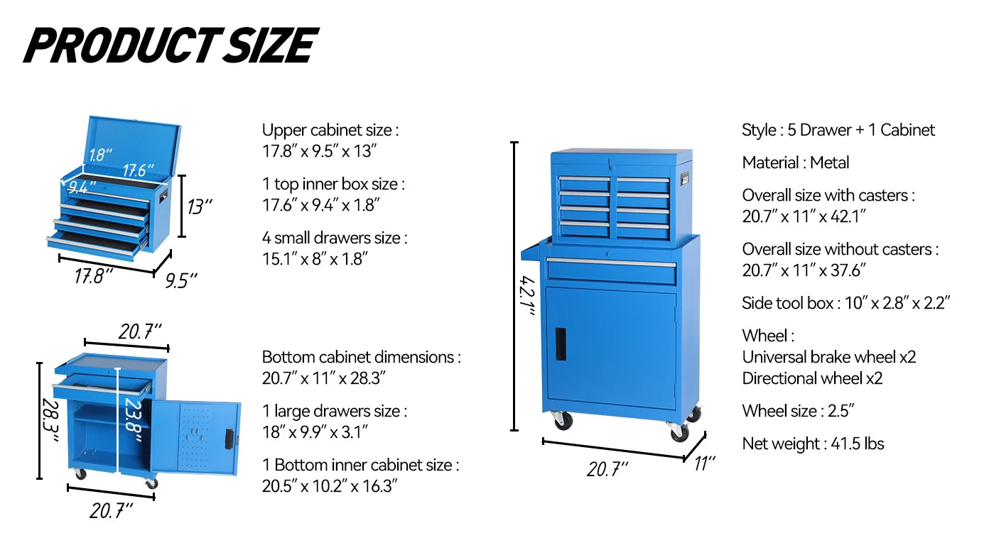 5-Drawer Rolling Tool Storage Cabinet with Detachable Tool Box
