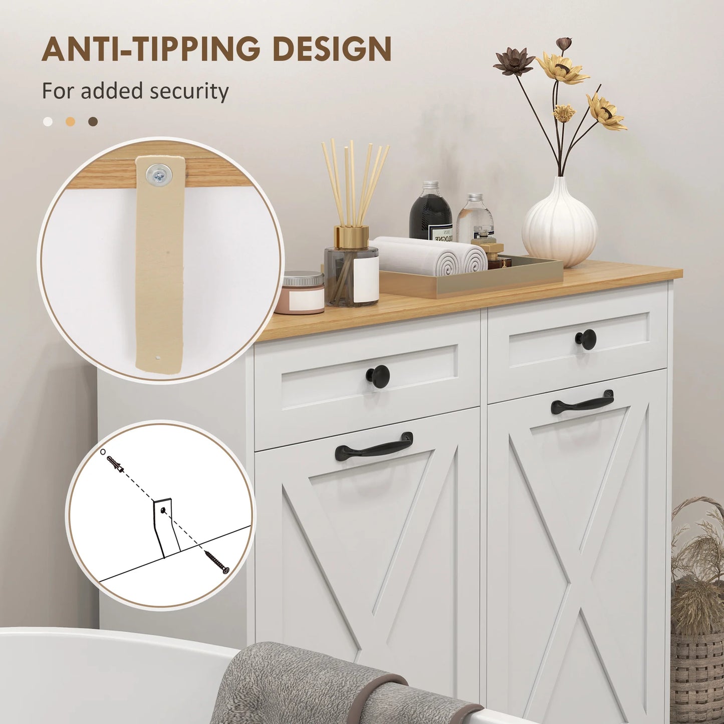Tilt Out Laundry Hamper Cabinet with 2 pull-out drawers