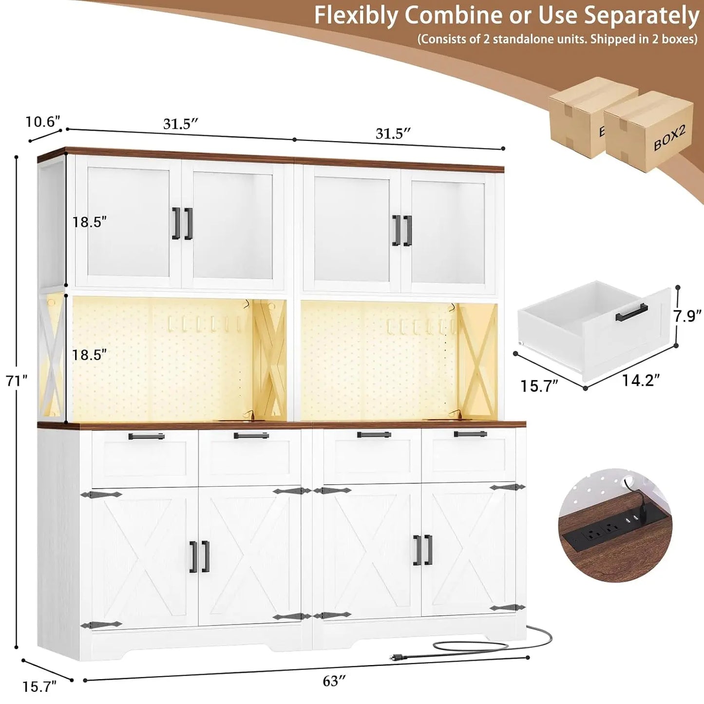 71"Tall Wood Kitchen Pantry Cabinet with LED Light and Power Outlet