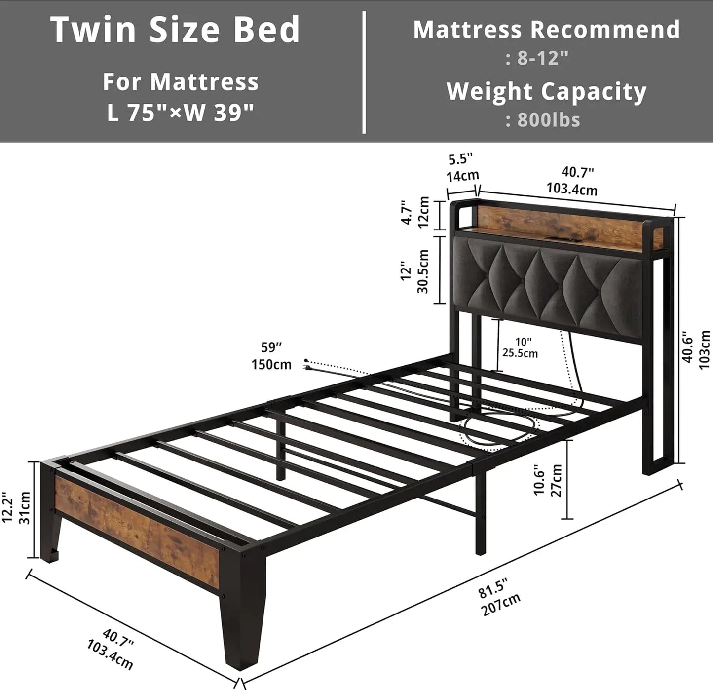 Twin/TwinXL/Full/Queen/King/ Bed Frames with Storage Headboard and Outlets