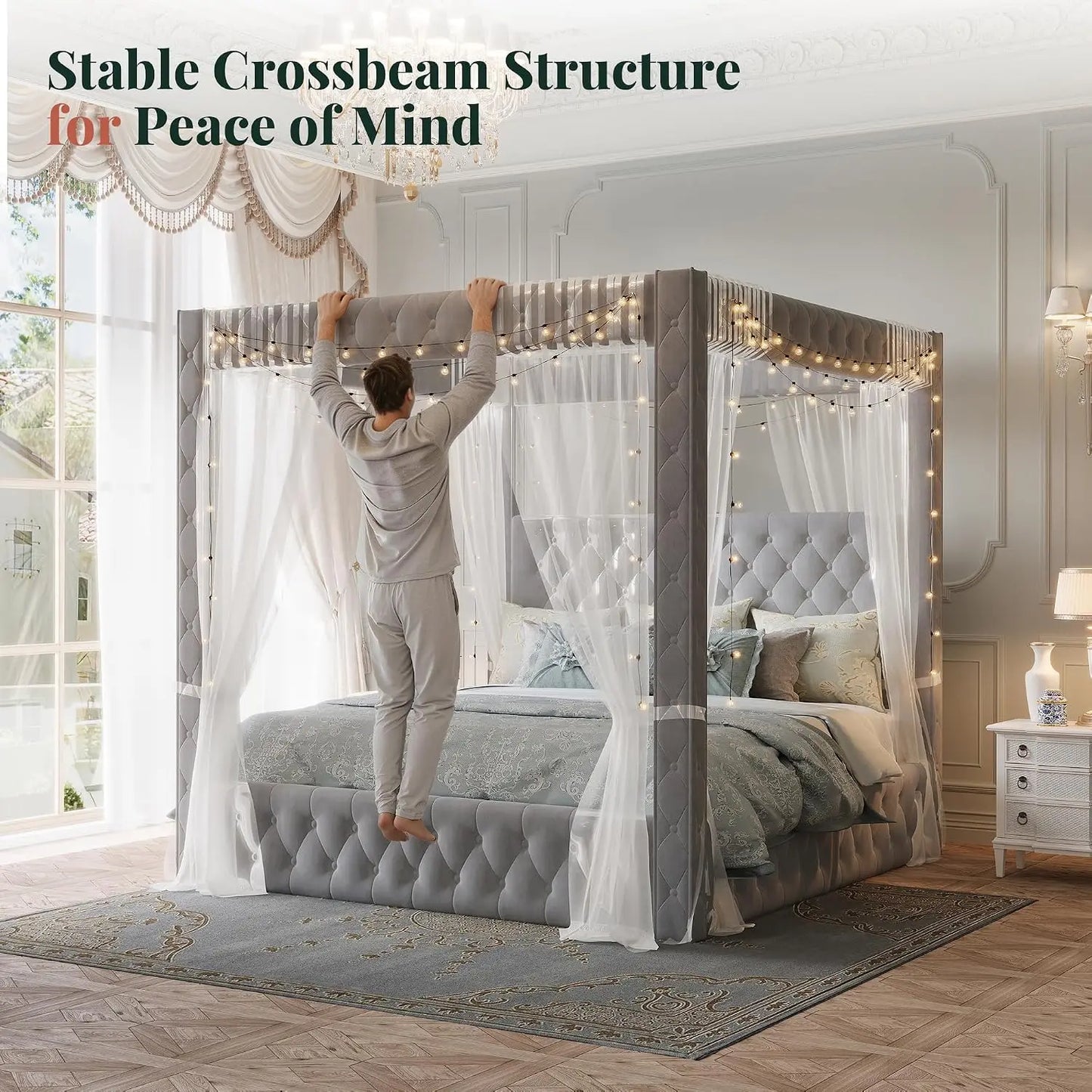 Upholstered Velvet Tufted King size Canopy Bed Frame with Charging Station