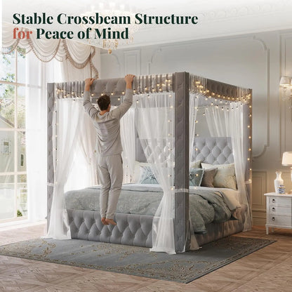Upholstered Velvet Tufted King size Canopy Bed Frame with Charging Station