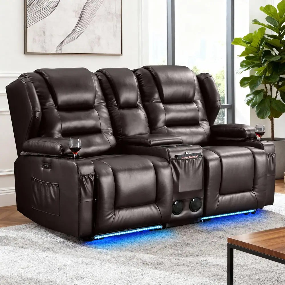 Wall Hugger Power Reclining PU Leather Loveseat Sofa with Cup Holders, LED Light, and USB Ports
