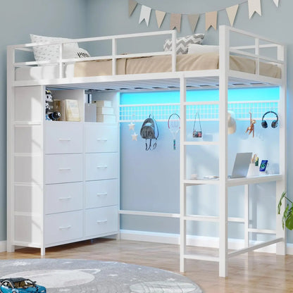 Metal Twin Loft Bed with Desk & 8 Storage Drawers in an attached Tall Dresser