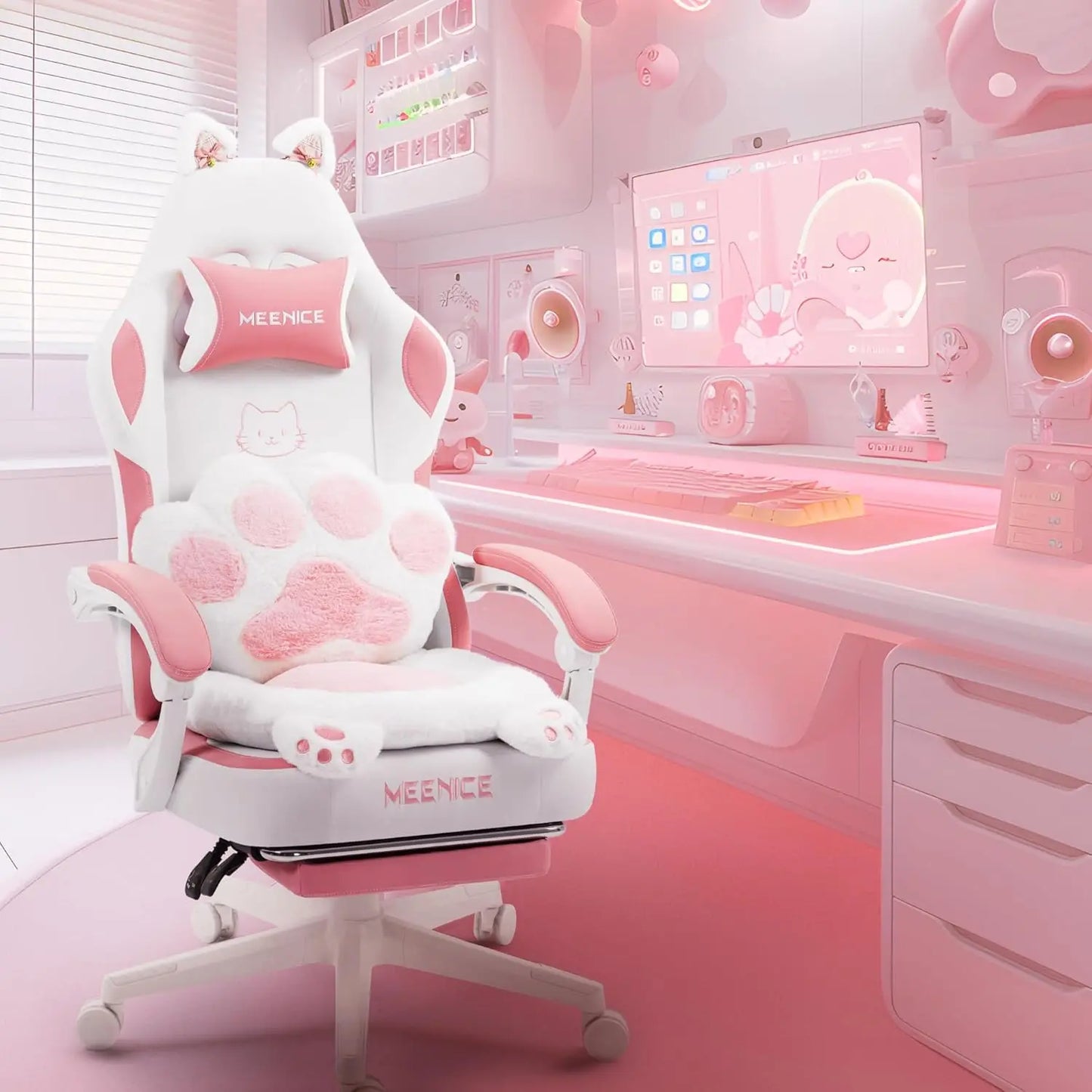 Cute Gaming Chair with Cat Ears & Paw Lumbar Cushion and Foot Rest