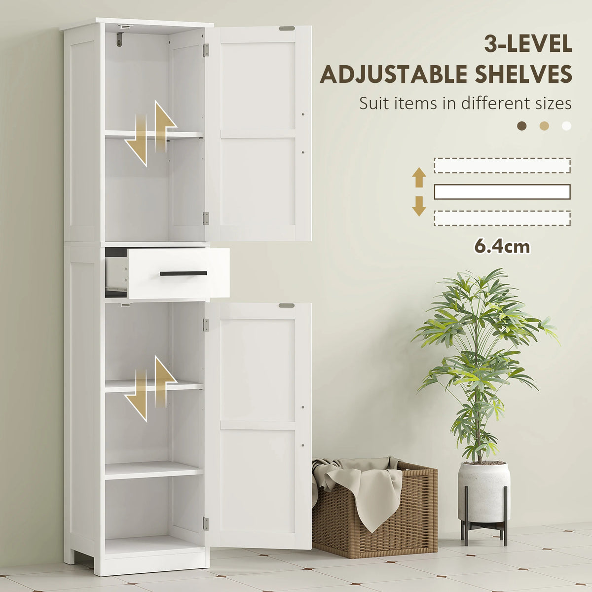 67" Tall Bathroom Storage Cabinet with 3 Adjustable Shelves