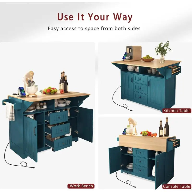 Large Rolling Kitchen Island with 2 Drop Leaves and Power Outlet