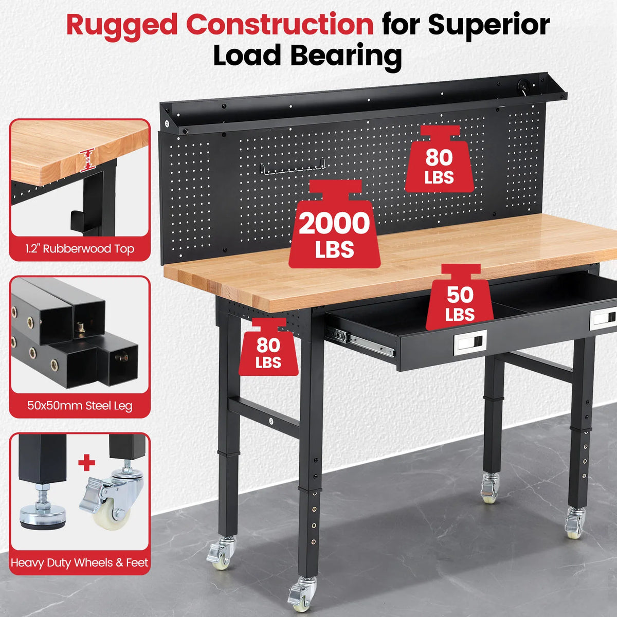 60 Inch Wood Work Bench with Led Lights, Drawers, and Pegboard