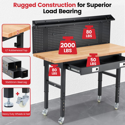 60 Inch Wood Work Bench with Led Lights, Drawers, and Pegboard