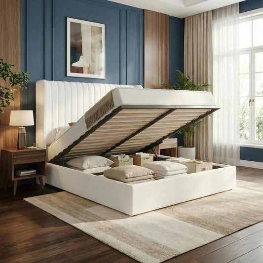 Upholstered Velvet Platform Full, Queen, or King Bed Frame with Hydraulic Driven Lift Up Storage