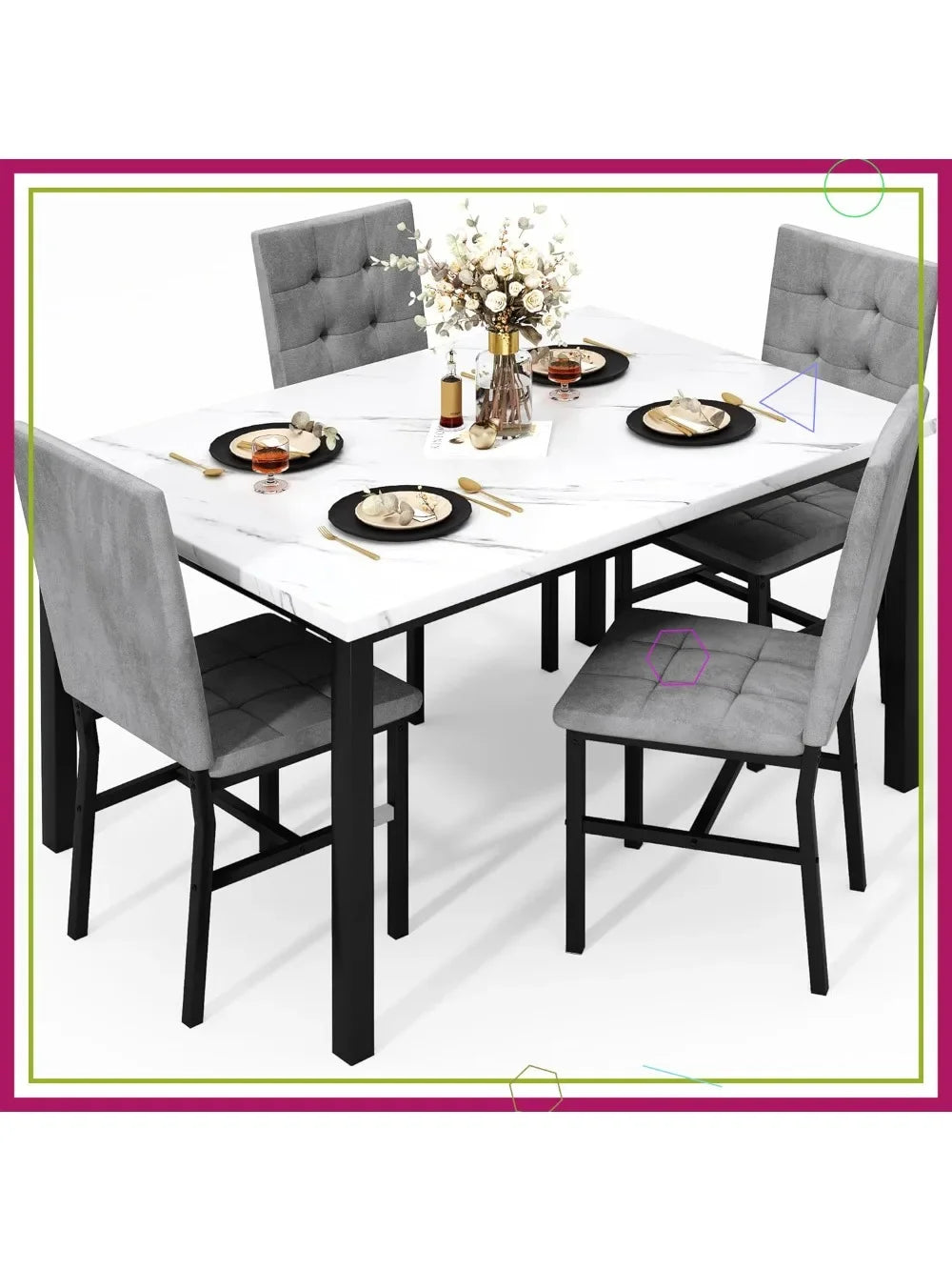 Faux Marble Dining Table Set with 4 Velvet Chairs