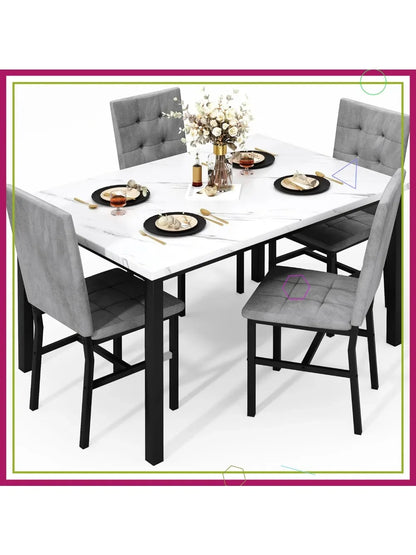 Faux Marble Dining Table Set with 4 Velvet Chairs
