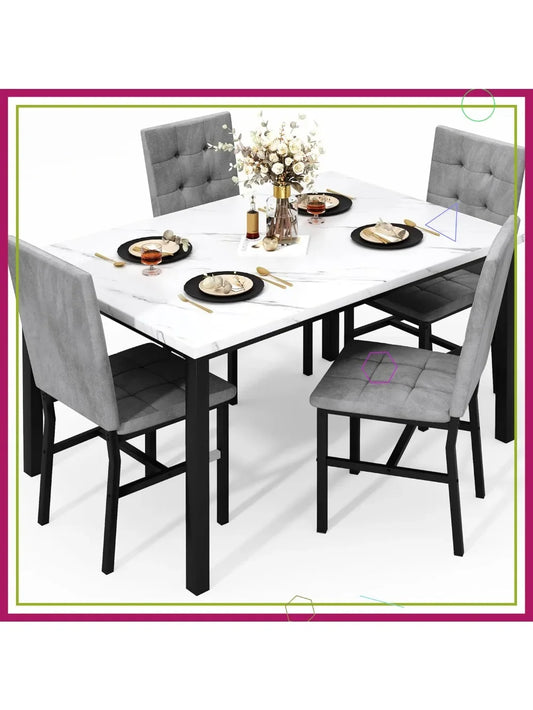 Faux Marble Dining Table Set with 4 Velvet Chairs