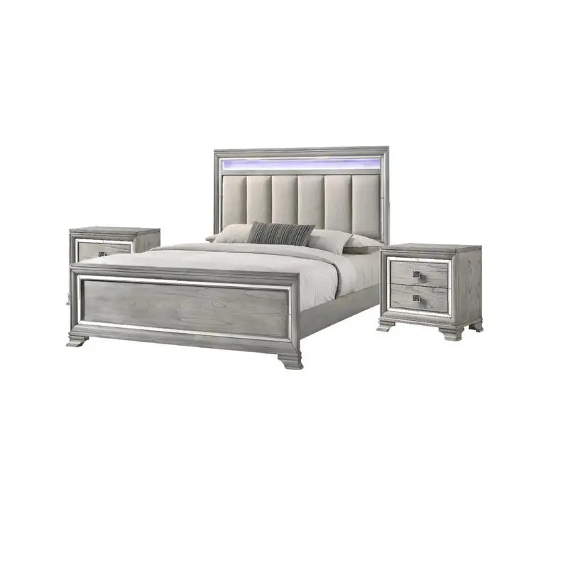 Modern Solid Wood King Size Panel Bed Frame with Nightstand and Integrated LED Lighting