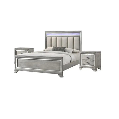 Modern Solid Wood King Size Panel Bed Frame with Nightstand and Integrated LED Lighting