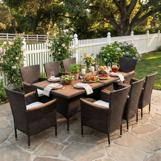 10 Piece Rattan Outdoor Patio Furniture with an Acacia Wood Table for a seating of 8