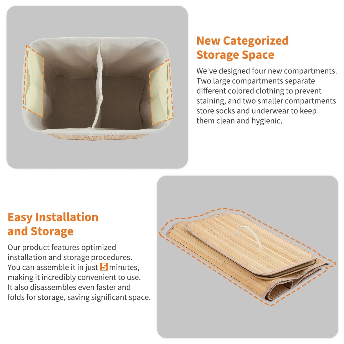 Foldable Large Bamboo Laundry Hamper with Removable 4-Section Liner