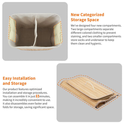 Foldable Large Bamboo Laundry Hamper with Removable 4-Section Liner