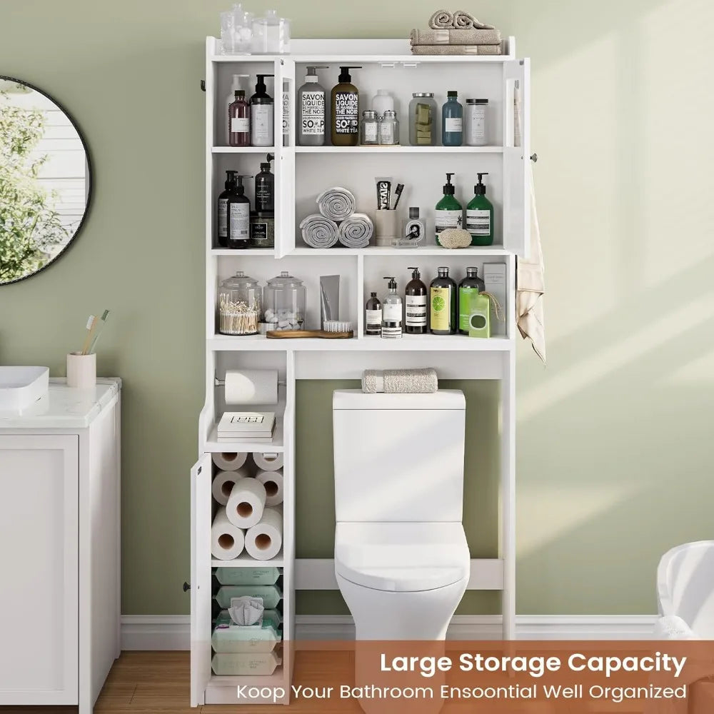Over the Toilet Storage Cabinet with Glass Doors, Adjustable Shelves, and Toilet Paper Holder