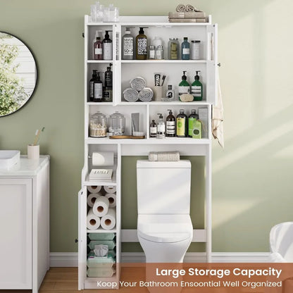 Over the Toilet Storage Cabinet with Glass Doors, Adjustable Shelves, and Toilet Paper Holder