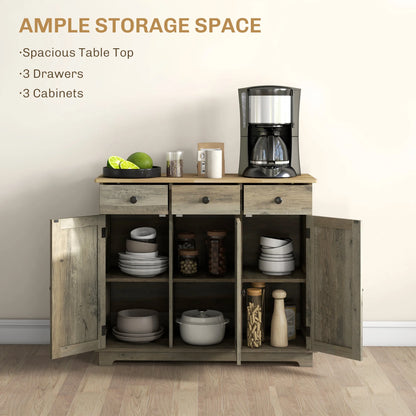 Modern Buffet Cabinet with Solid Wood Countertop, 3 Drawers and an Adjustable Shelf