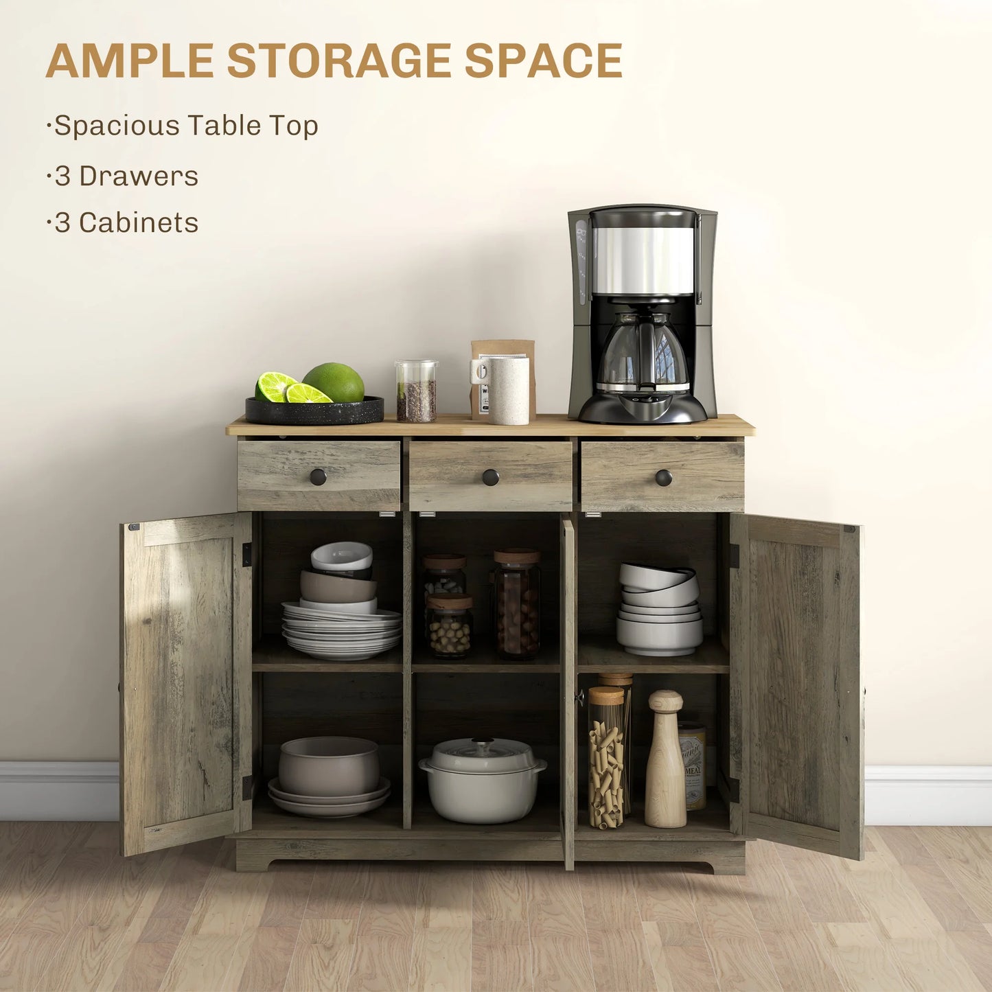 Modern Buffet Cabinet with Solid Wood Countertop, 3 Drawers and an Adjustable Shelf