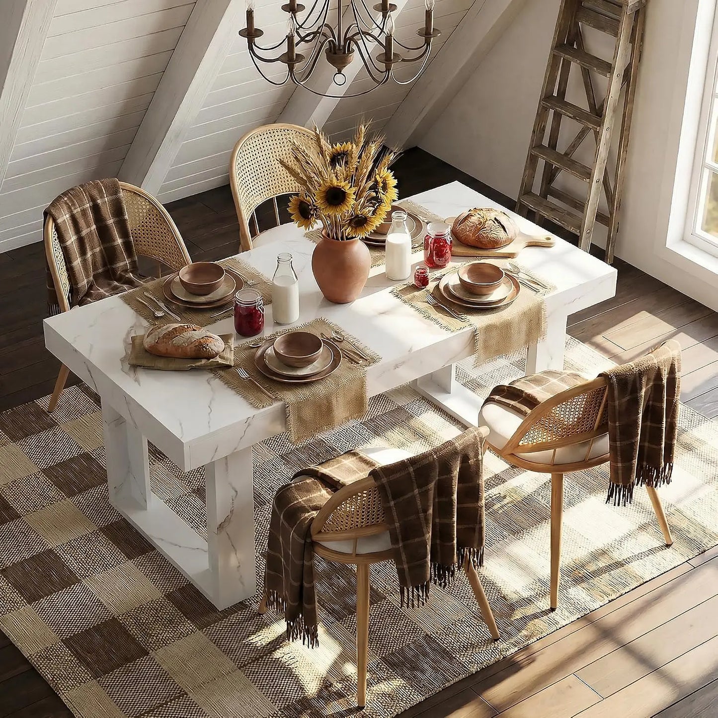 Modern Farmhouse Style Wood Dining Room Table Set with 4 Upholstered Chairs