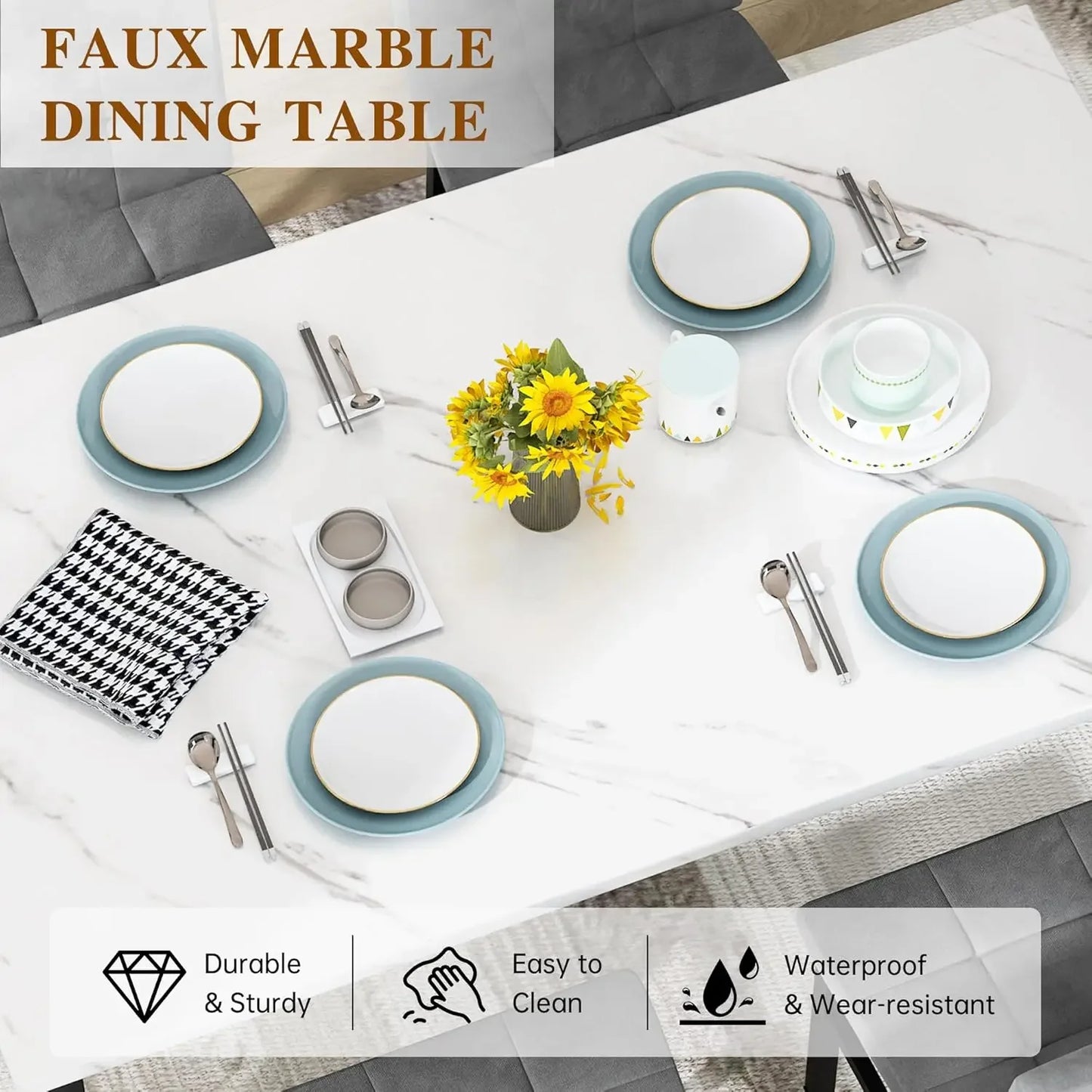 Faux Marble Dining Table Set with 4 Velvet Chairs
