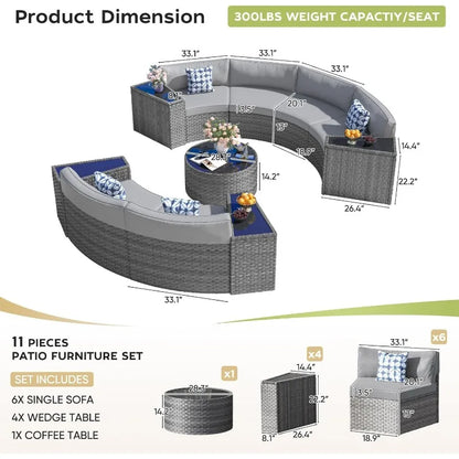 Outdoor Curved Wicker Sectional Patio Furniture Set with Coffee Table and wedge-shaped End Tables