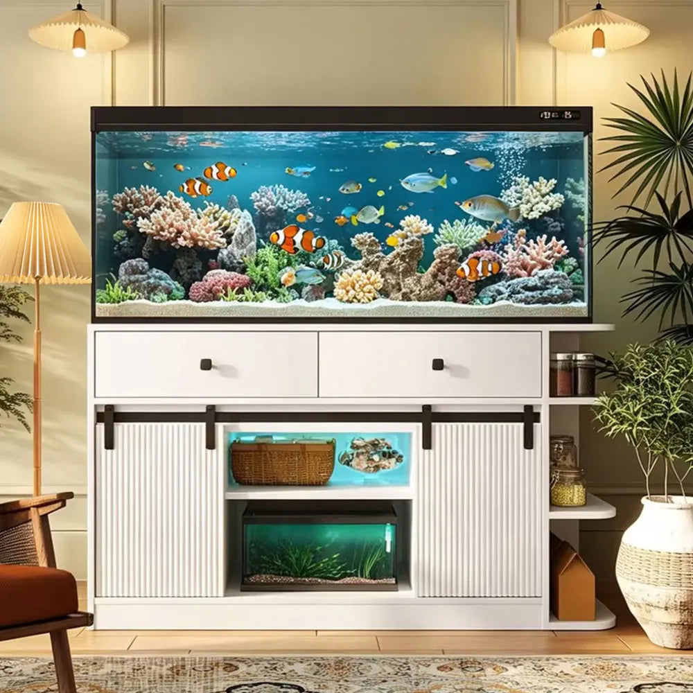 55-75 Gallon Fish Tank Stand with large Cabinet, Shelving, LED Lights, and Power Outlets